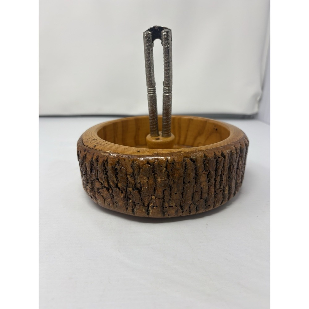 Vintage Nut Bowl Rustic Edge Tree Bark Set with 1 Nutcracker
